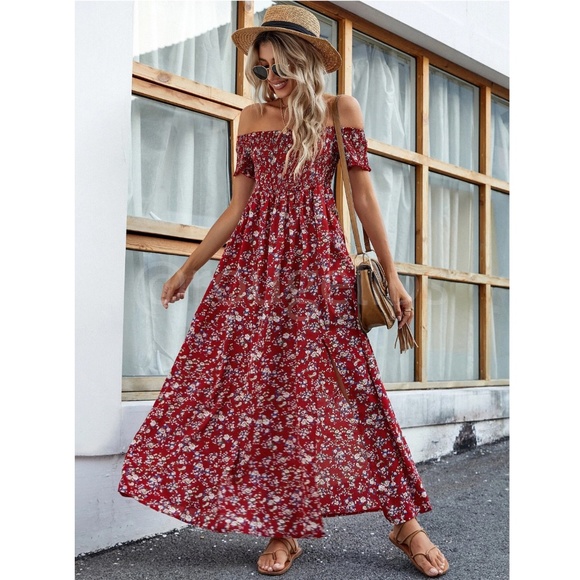 Floral Off Shoulder Burgundy Shirred Top Maxi Dress Leg Slit Flowy Short Sleeves - Picture 4 of 7